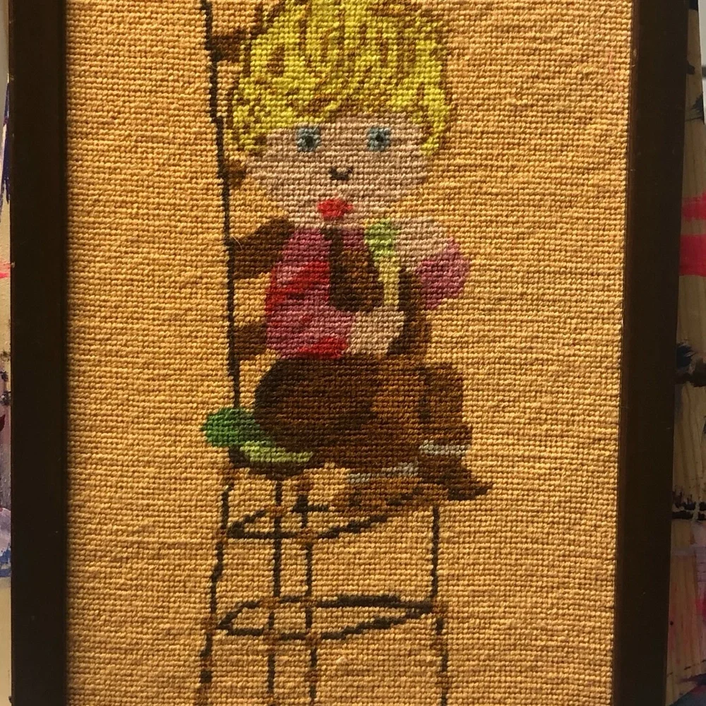 VINTAGE HANDMADE NEEDLEPOINT BLONDE BOY SITTING IN CHAIR